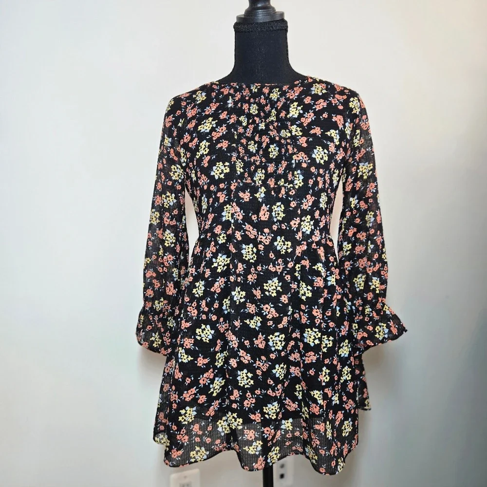 Free People Floral Mini Dress Womens S Black Good Smocked Long Sleeve Boho (D11)